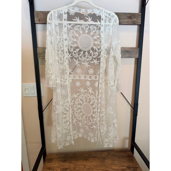 Soft Surroundings Sweaters - Soft Surroundings White Embroidered Lace Kimono Duster Vintage Style Mesh Medium